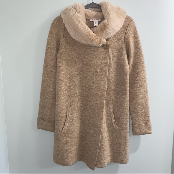 Ellen Tracy Sweaters - Ellen Tracy Faux Fur Collar Long Sweater | Beige | Small